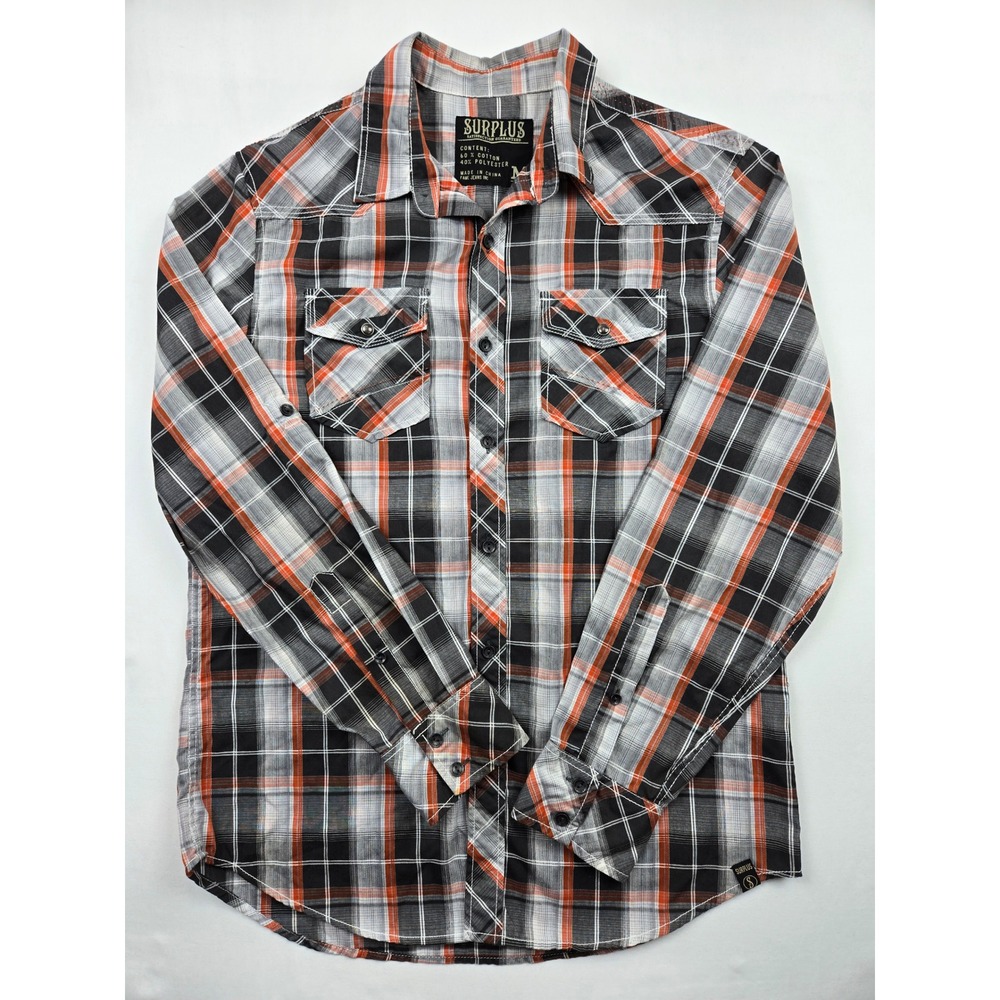 Surplus Mens Orange Black White Plaid Western Button Down Shirt Medium 68L03024